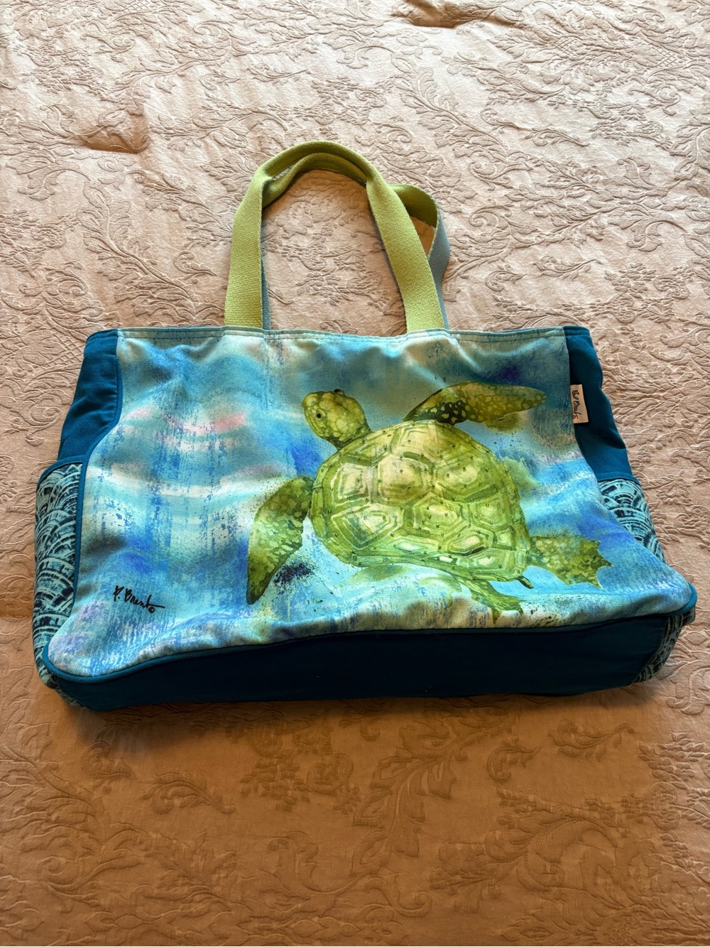 Canvas Sea Turtle Tote Bag in Blue & Green